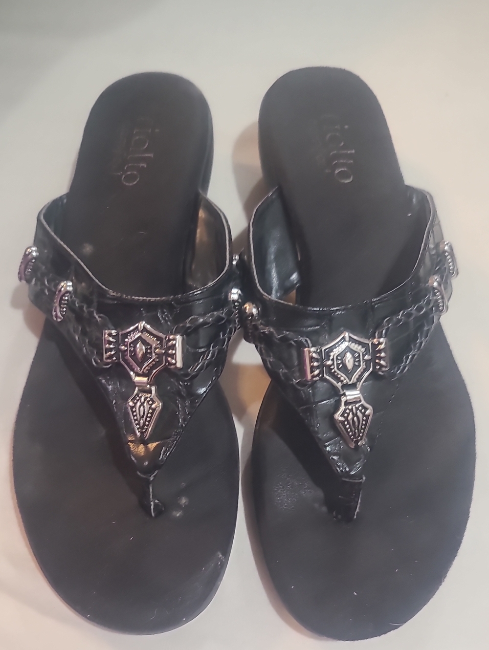 Rialto Black Braided Thong Sandals with Silver Accents